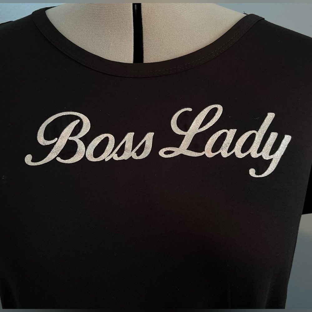 BOSS LADY Shirt Stretchy Black Top Cap Sleeve Glitter Tee 95% Rayon 5% Spandex